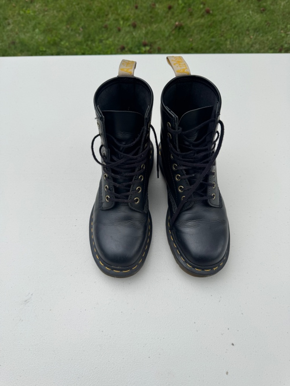 Dr. Martin’s Black Leather Combat Boots with Yellow Stitching